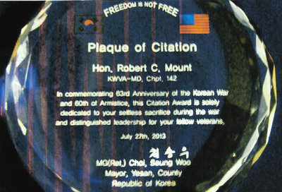 Plaque of Citation, Bob Mount