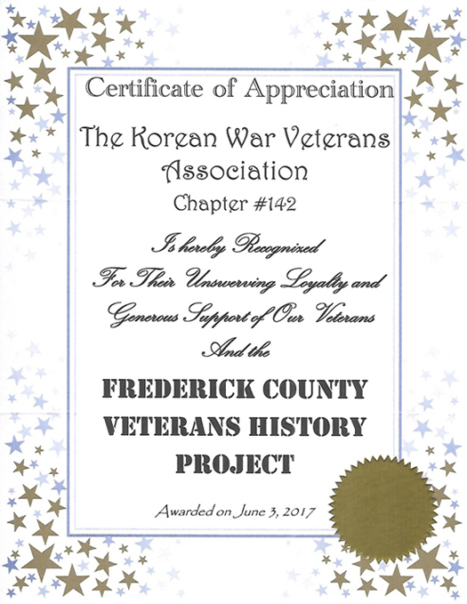 KWVA Chapter #142 Certificate of Appreciation from Frederick County Veterans History Project