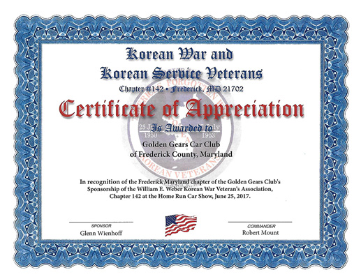 Certificate of Appreciation to Golden Gears Car Club 2017