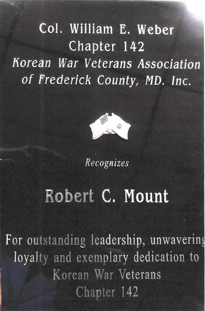 KWVA Chapter #142 Certificate of Appreciation to Robert Mount