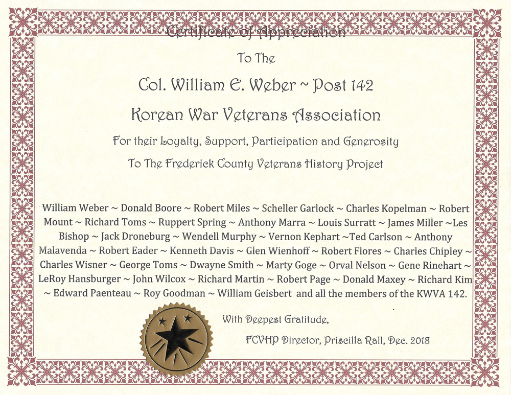 Thank you certificate from Frederick County Veterans History Project